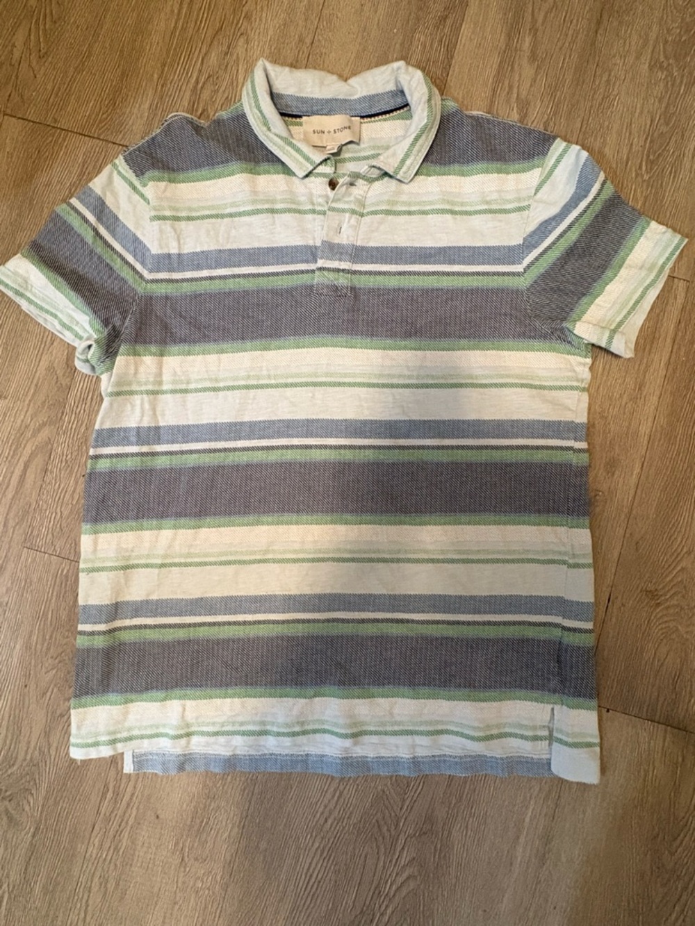 Sun + Stone Men’s Striped Polo in Blue, Green & Cream